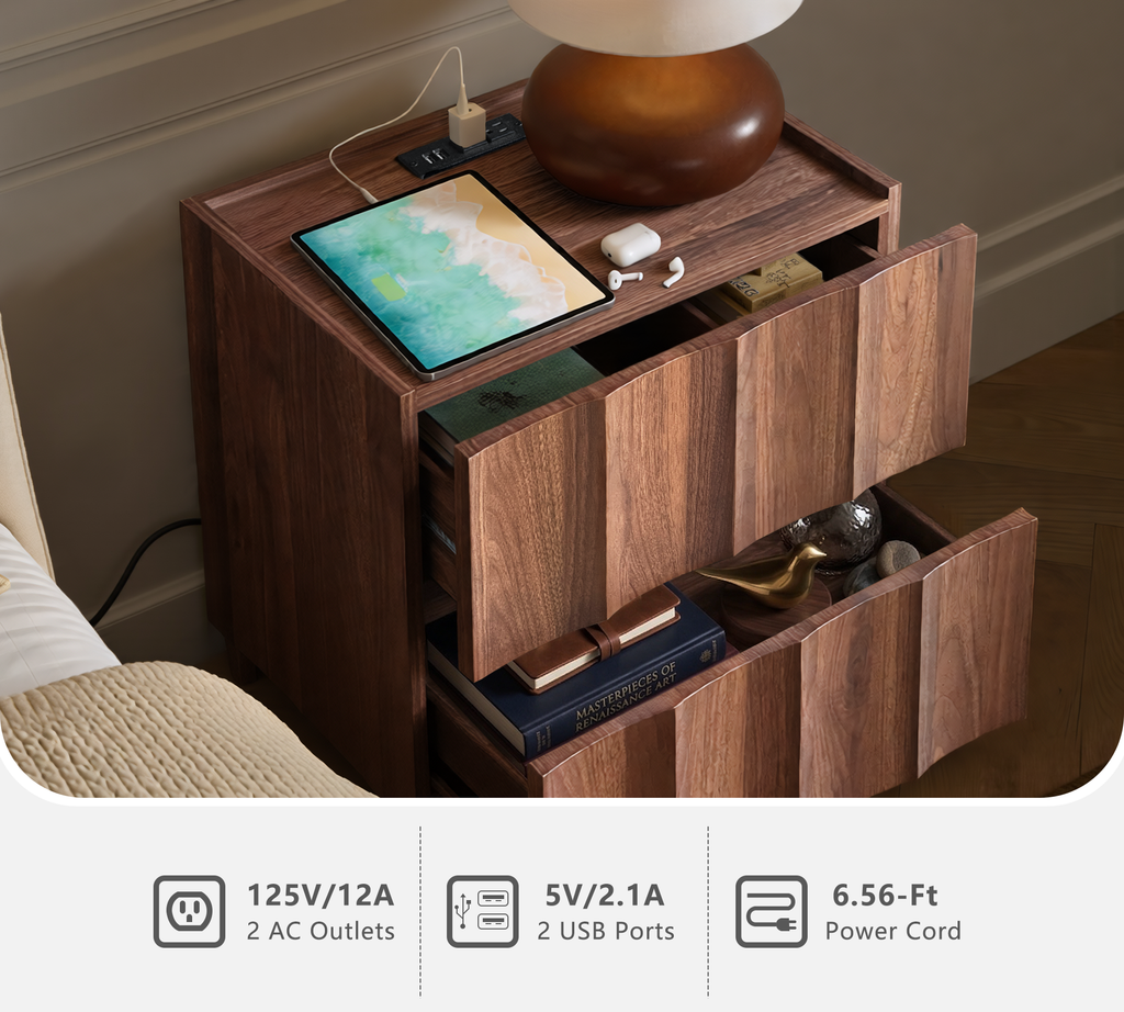 20.5" Fluted Nightstand with Charging Station, Walnut