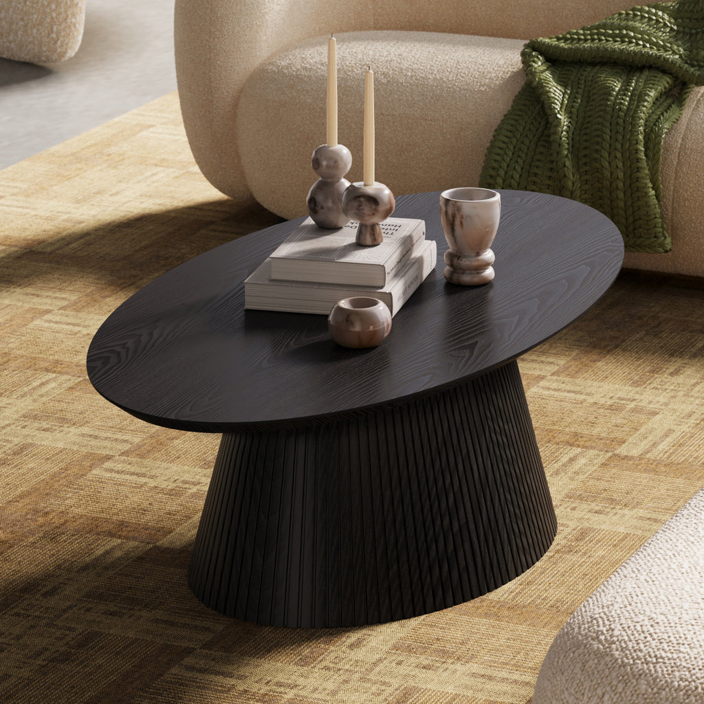 47.2" Oval Coffee Table with Faux Stone Veneer, Black