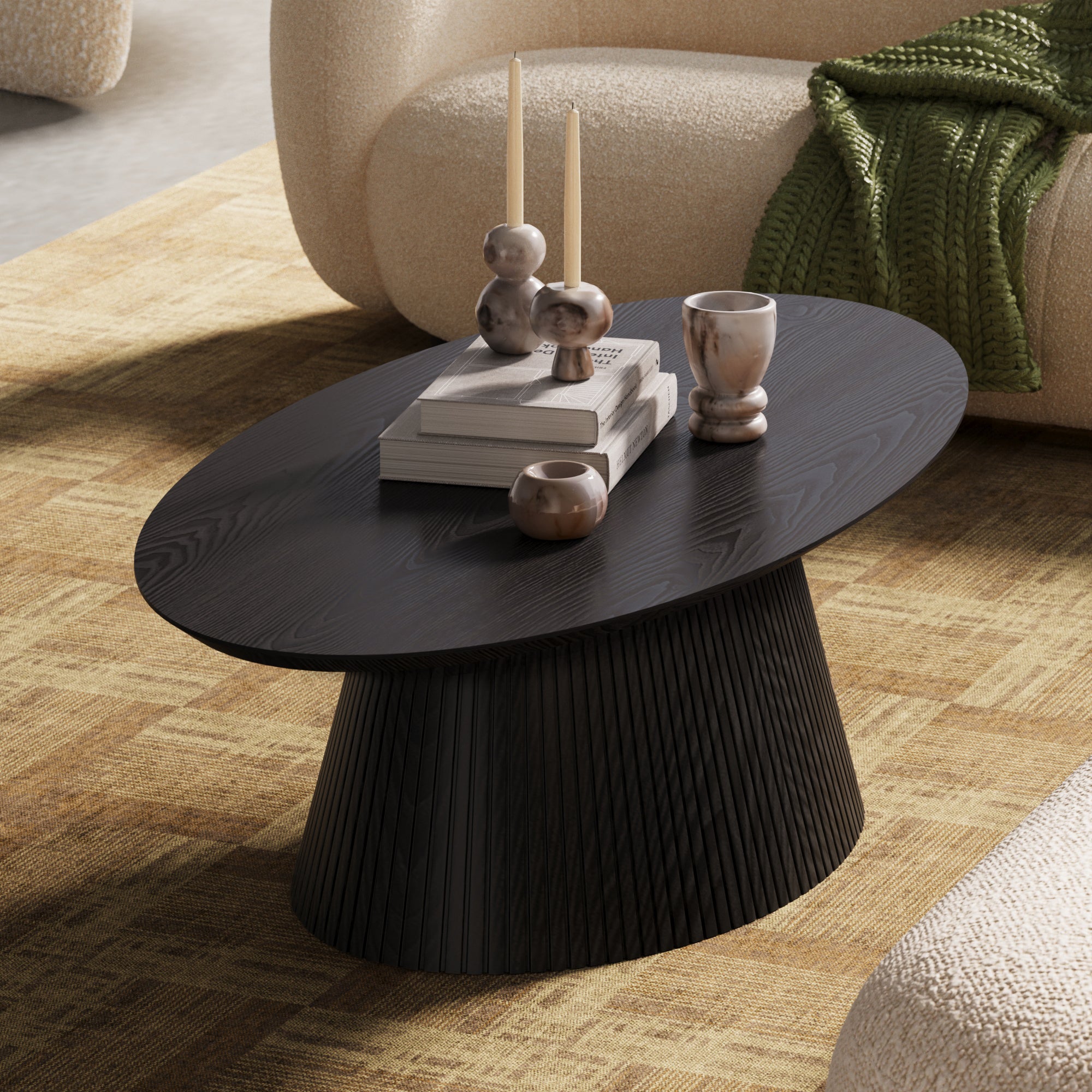 47.2" Oval Coffee Table with Faux Stone Veneer, Black