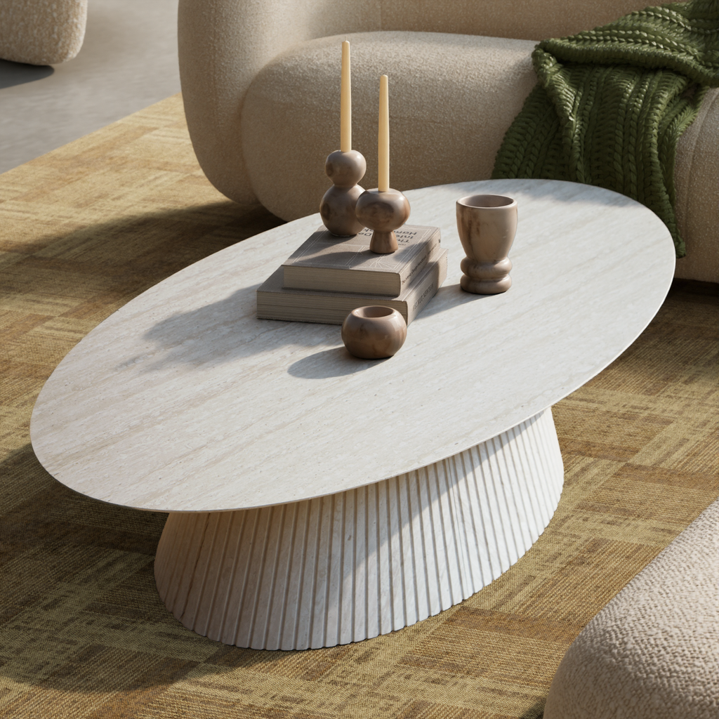 47.2" Oval Coffee Table with Faux Stone Veneer, Stone