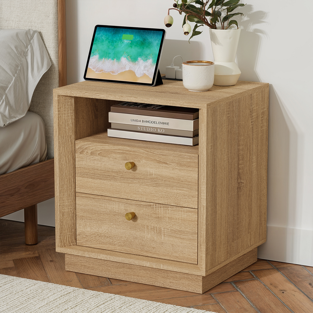 19.6" Nightstand with Charging Station, OAK