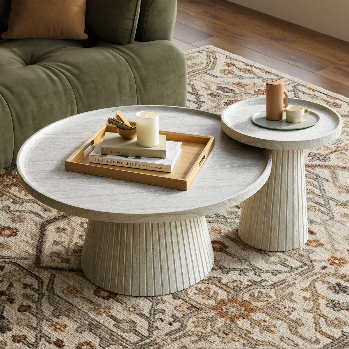 Nesting Coffee Table Set of 2 with Wood Grain Veneer, Stone