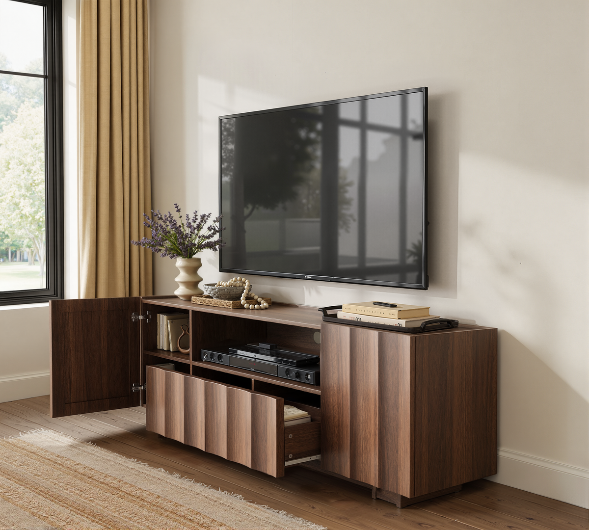 61" Mid Century Modern TV Stand with Storage, Wave Design, Walnut