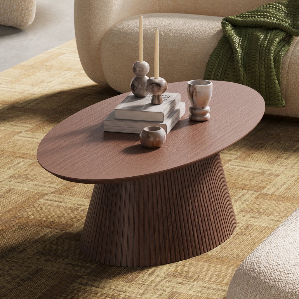 47.2" Oval Coffee Table with Faux Stone Veneer, Walnut