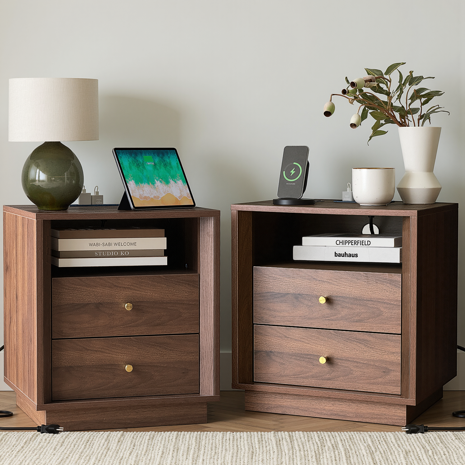 19.6" Nightstand with Charging Station, Walnut