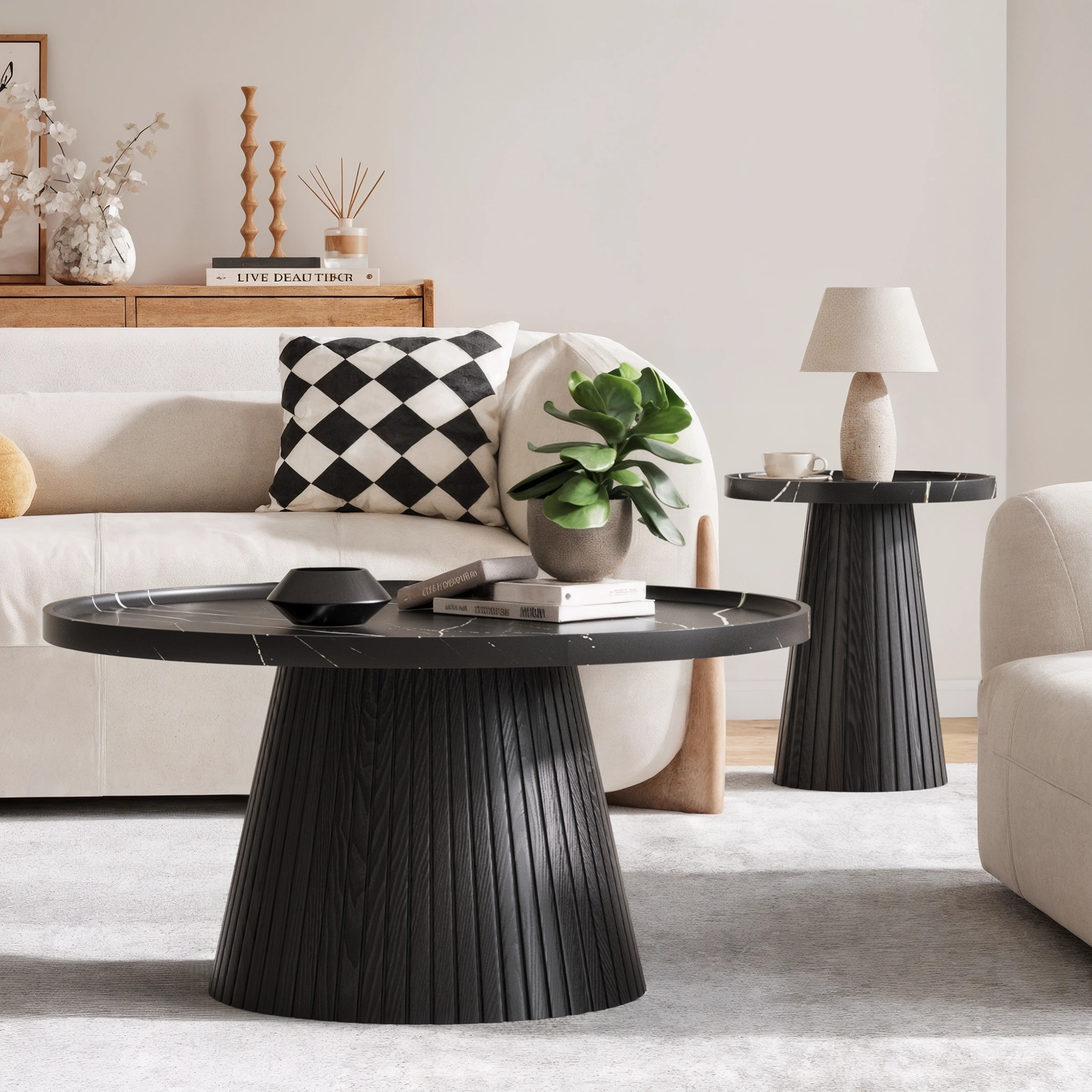 Nesting Coffee Table Set of 2 with Wood Grain Veneer, Black
