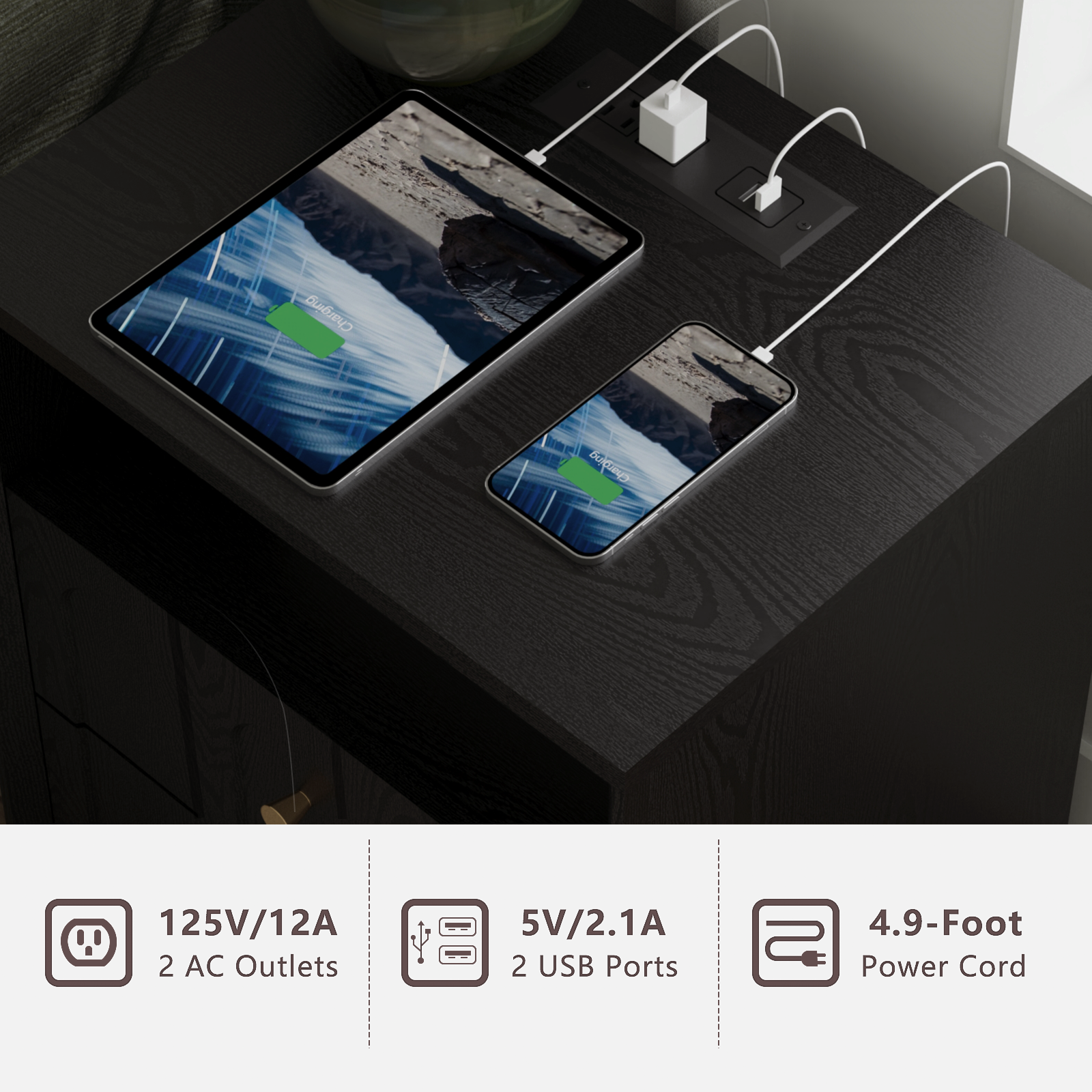 17.7" Nightstand with Charging Station, Arched Design, Black