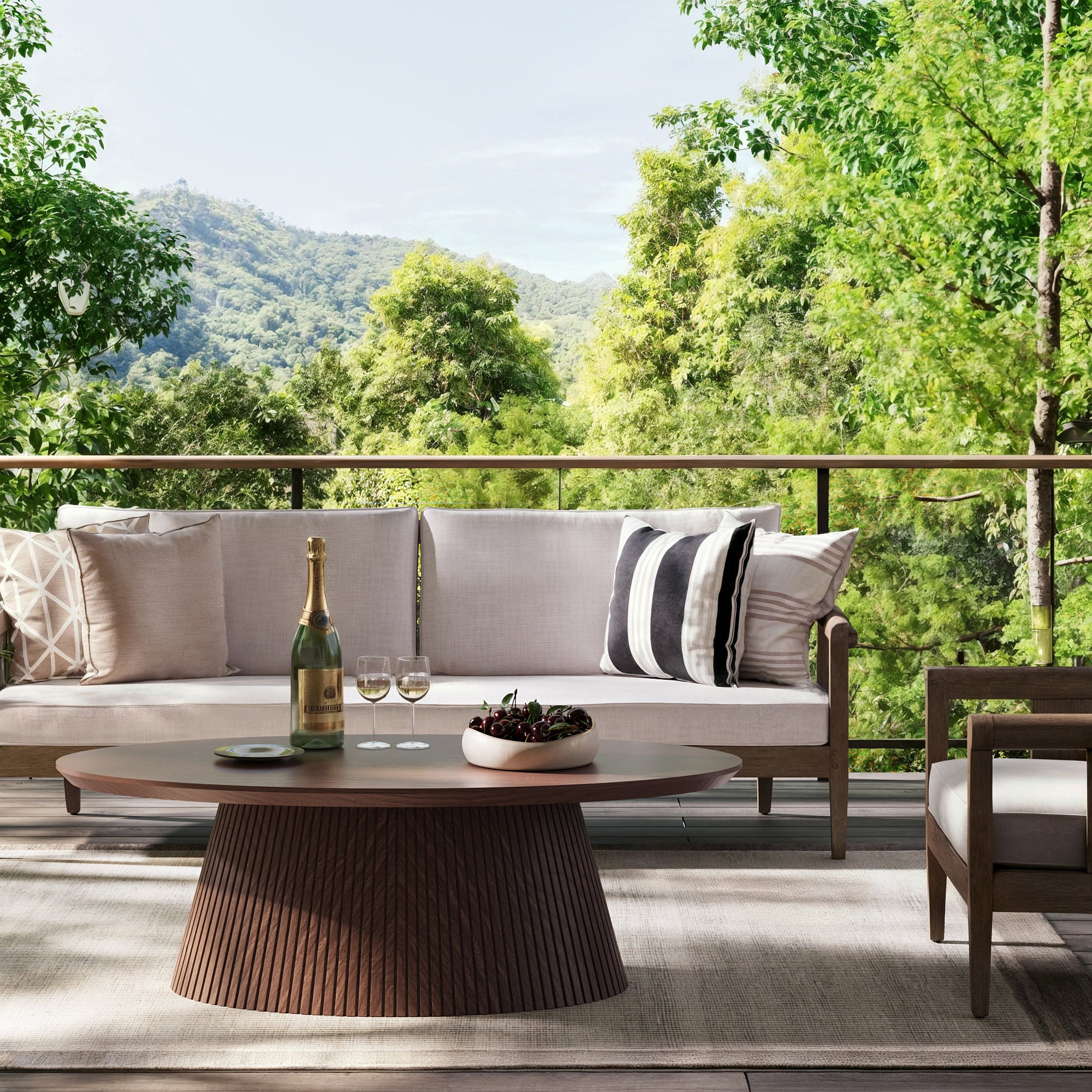47.2" Oval Coffee Table with Faux Stone Veneer, Walnut