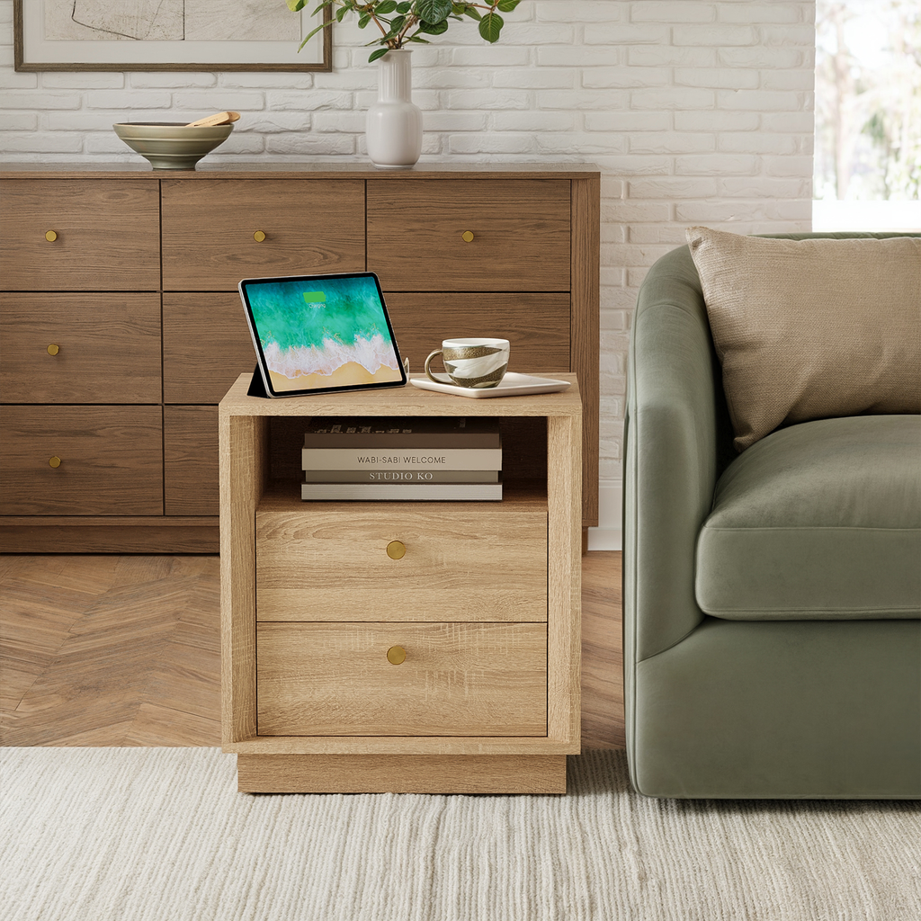 19.6" Nightstand with Charging Station, OAK