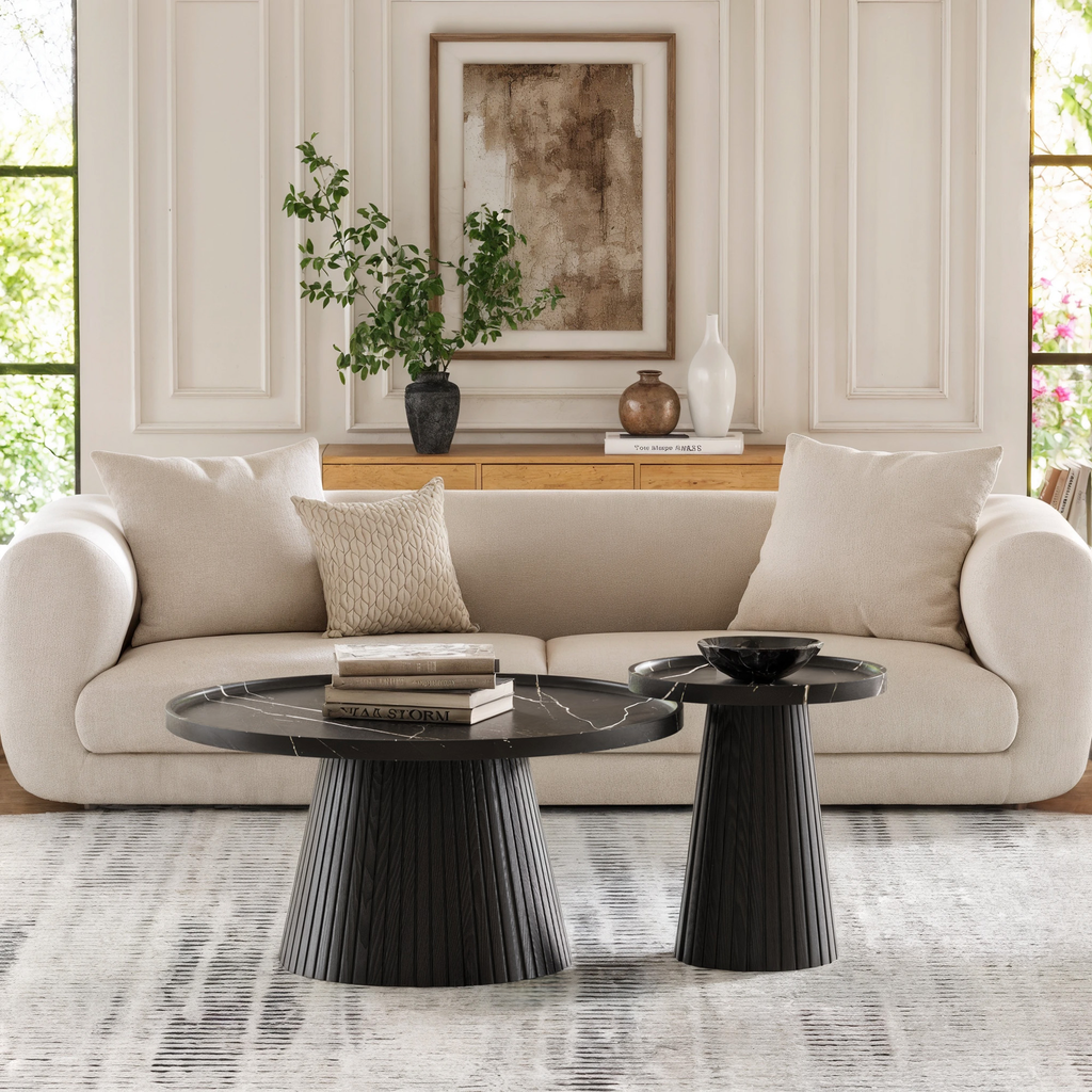 Nesting Coffee Table Set of 2 with Wood Grain Veneer, Black