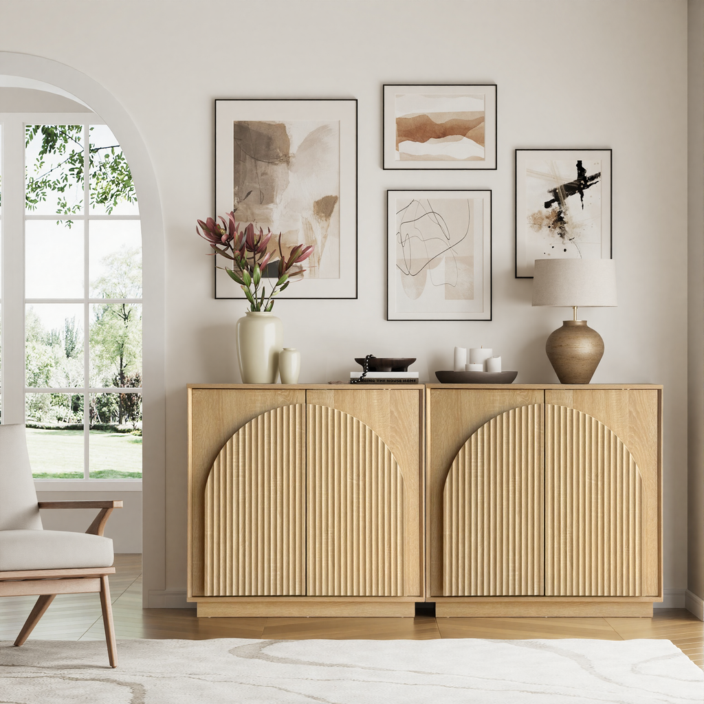 31.5" Small Buffet Cabinet with Storage, Arched Doors, OAK