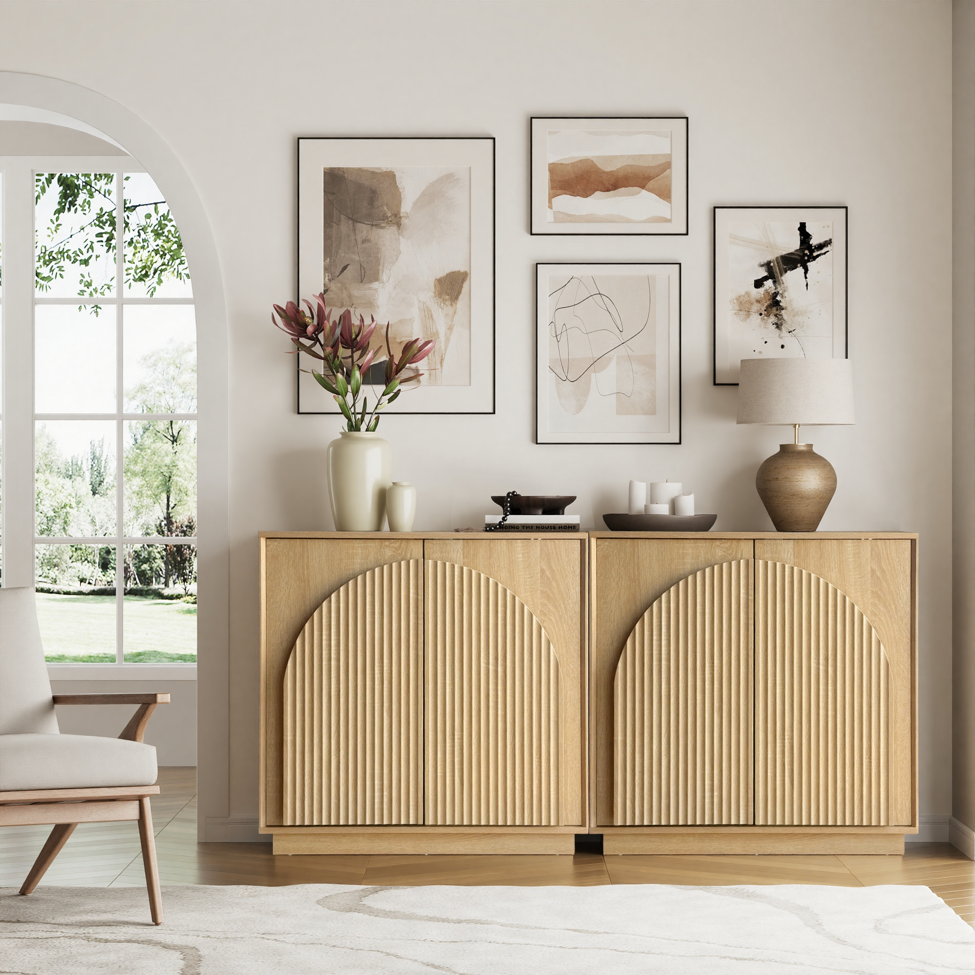 31.5" Small Buffet Cabinet with Storage, Arched Doors, OAK