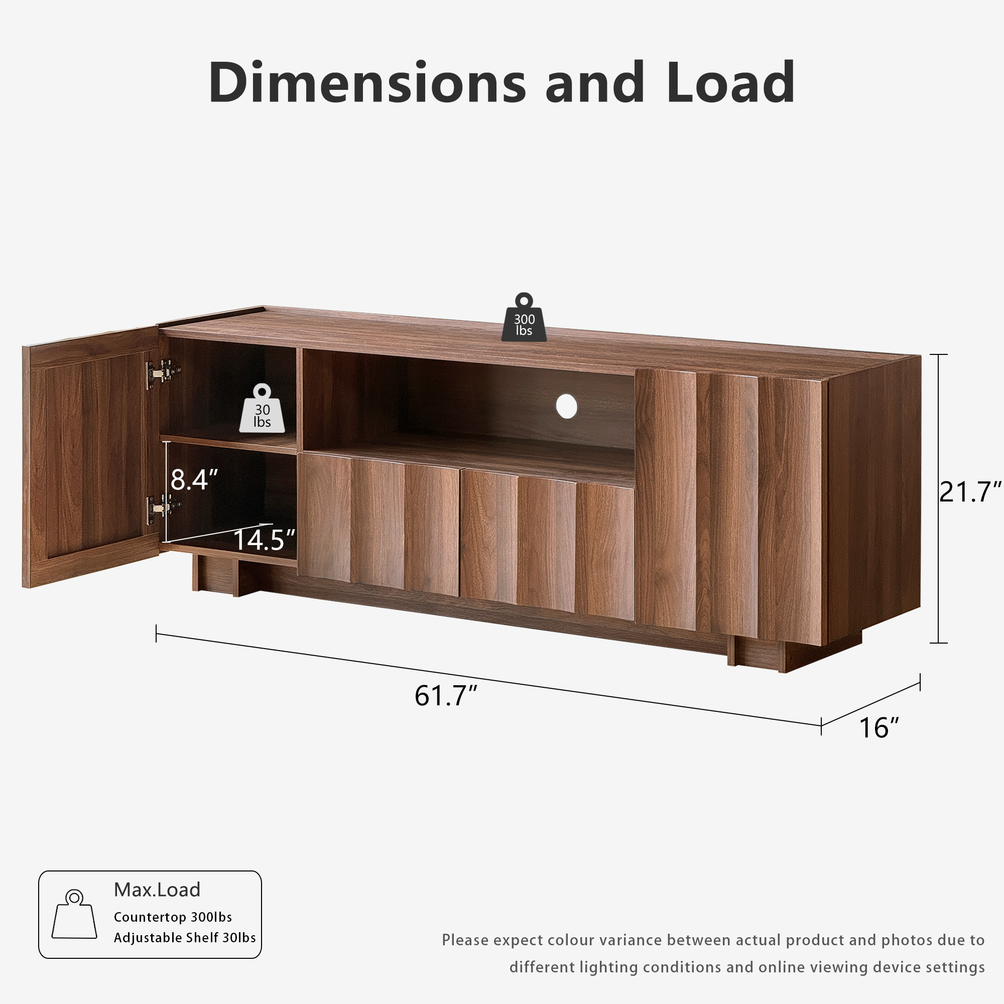 61" Mid Century Modern TV Stand with Storage, Wave Design, Walnut