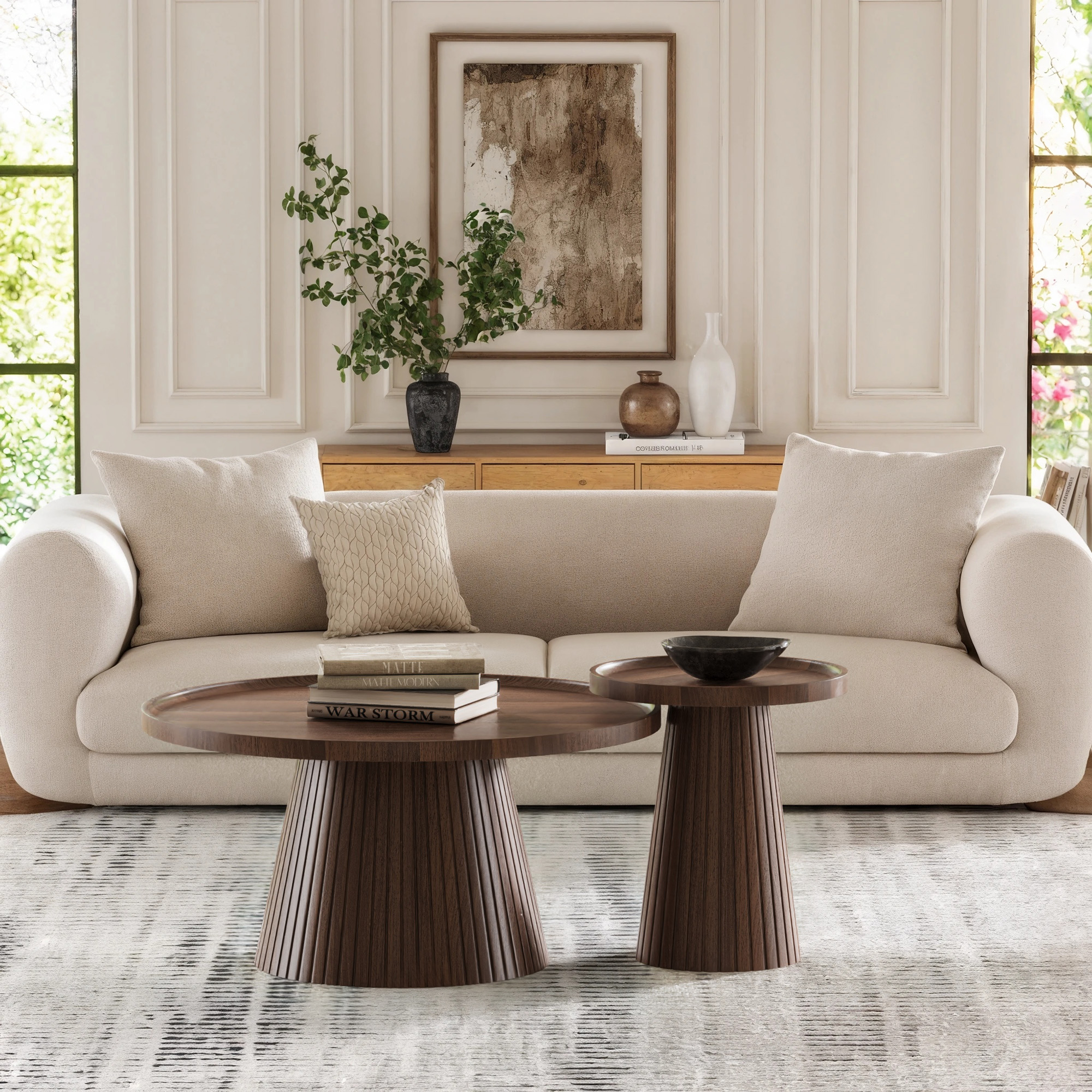 Nesting Coffee Table Set of 2 with Wood Grain Veneer, Walnut