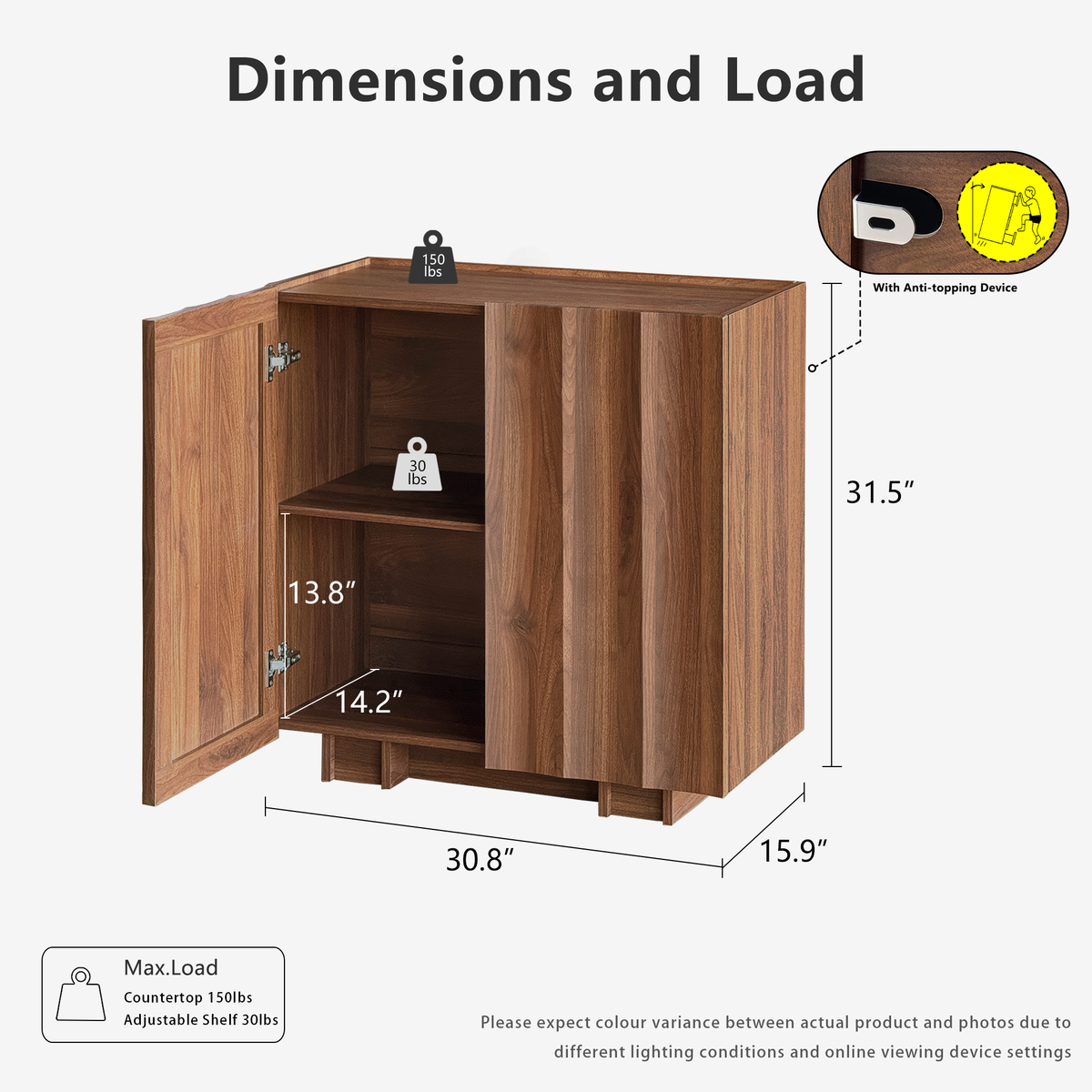 30.8" Fluted Sideboard Buffet Cabinet with Storage, Walnut