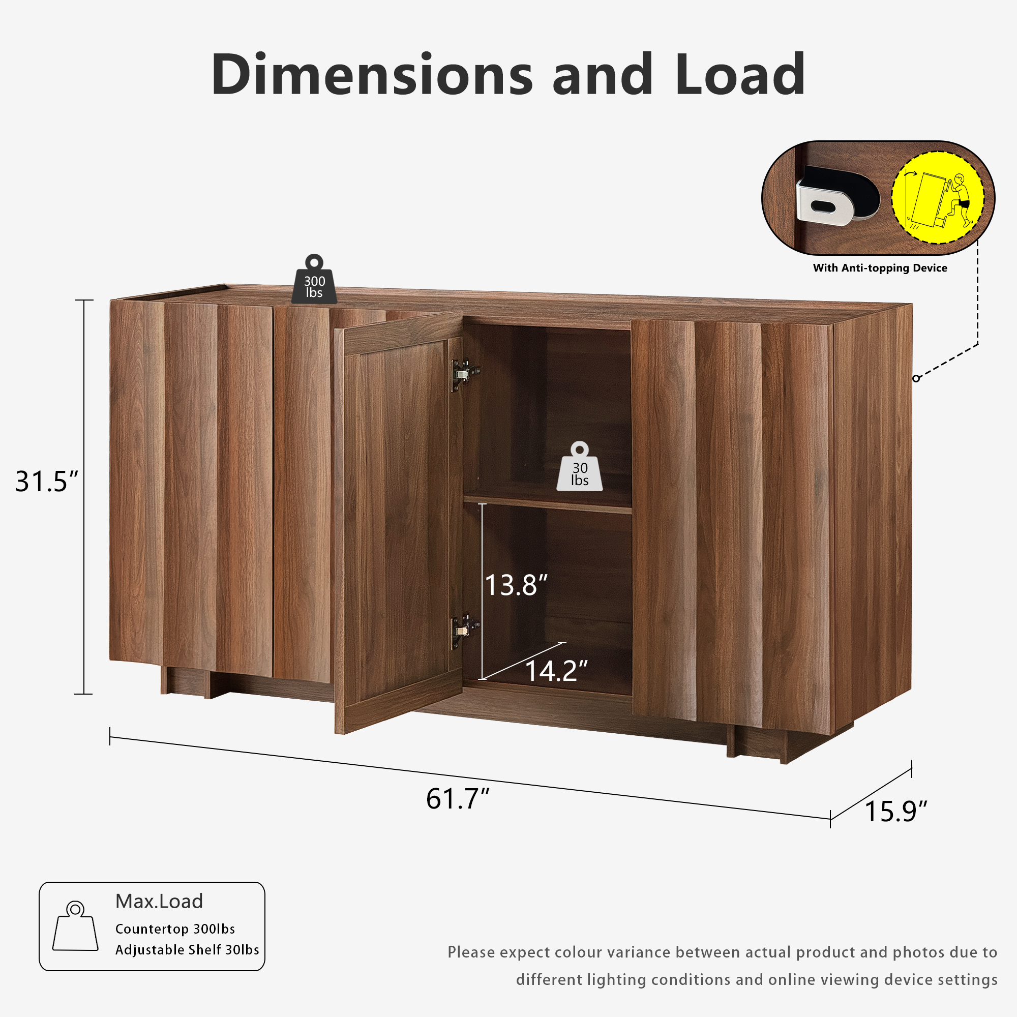 61.7" Fluted Sideboard Buffet Cabinet with Storage, Walnut