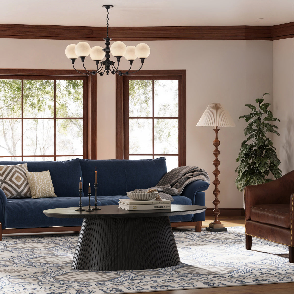 47.2" Oval Coffee Table with Faux Stone Veneer, Black