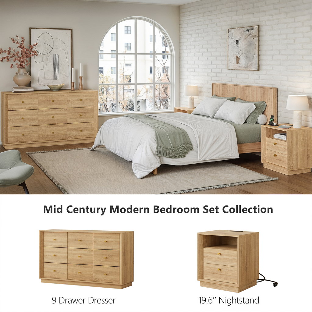 19.6" Nightstand with Charging Station, OAK