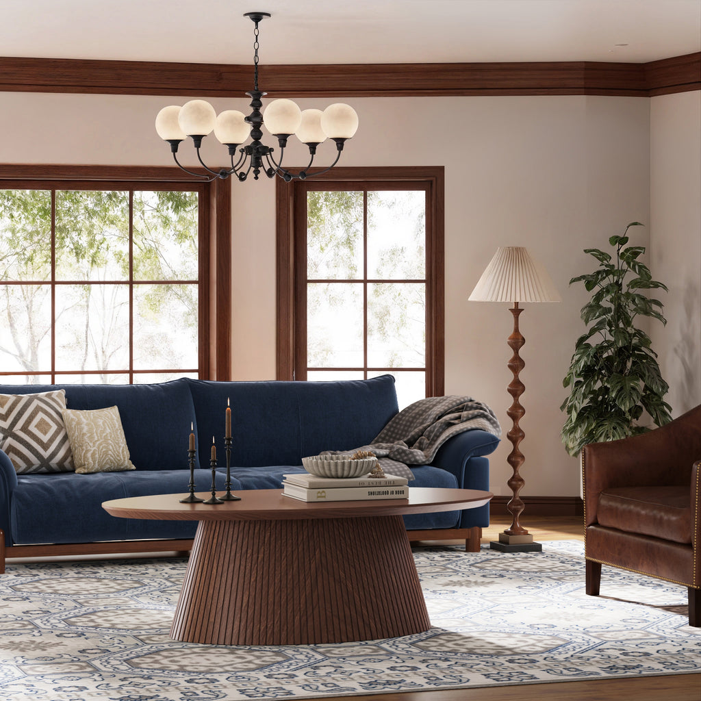 47.2" Oval Coffee Table with Faux Stone Veneer, Walnut
