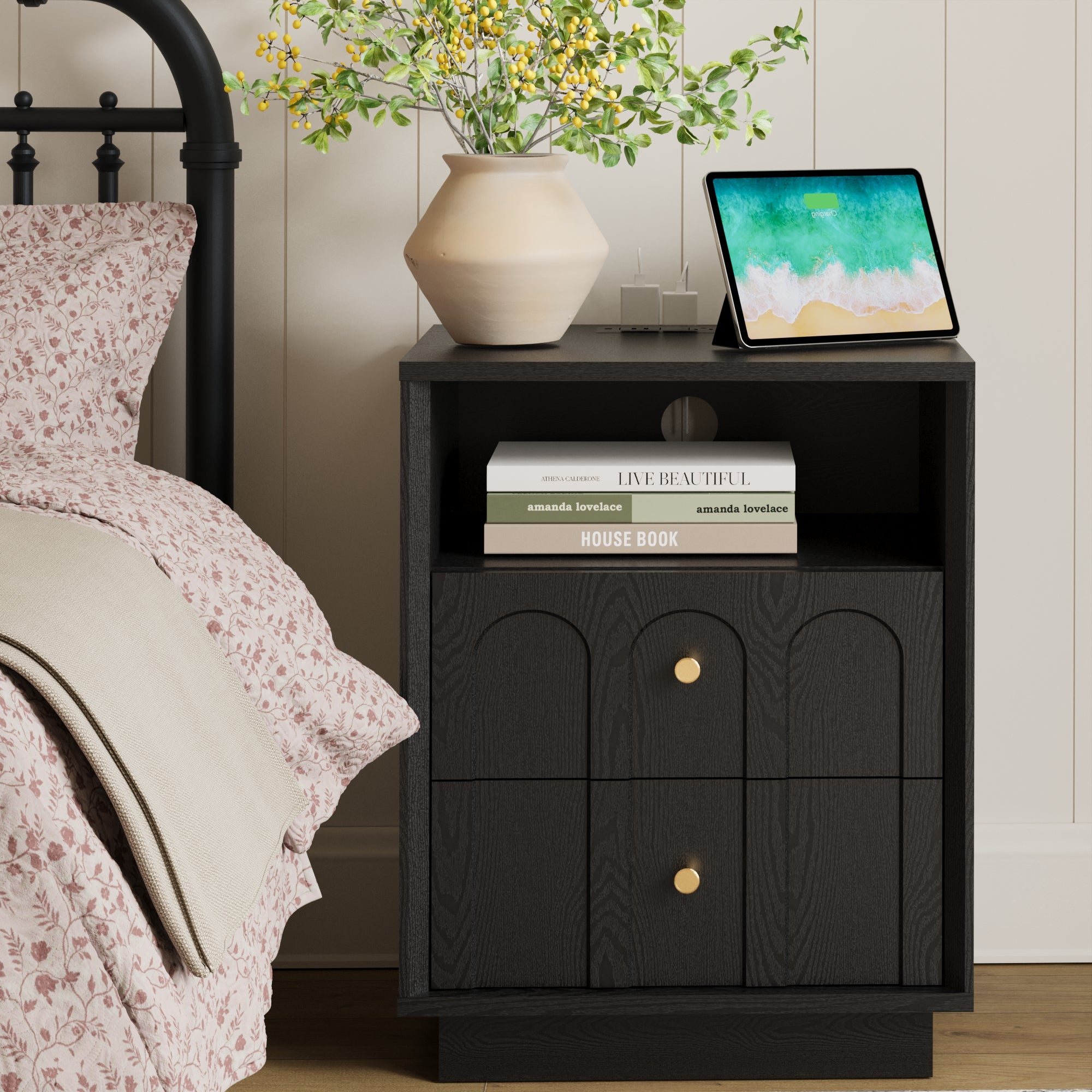 17.7" Nightstand with Charging Station, Arched Design, Black