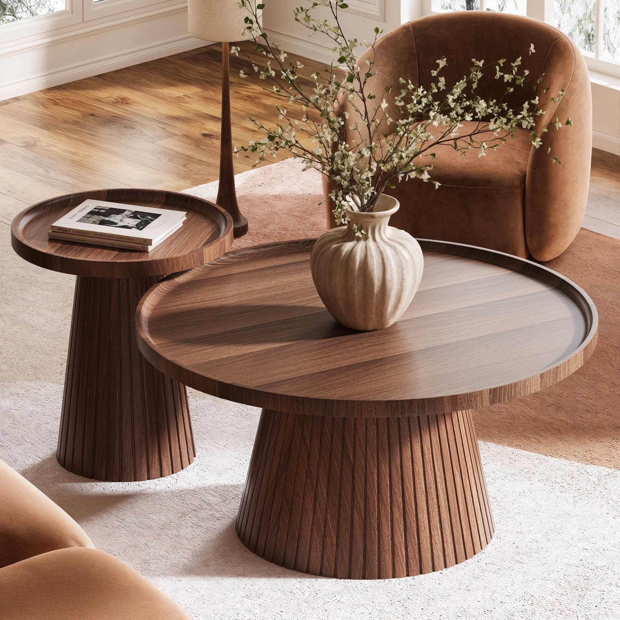 Nesting Coffee Table Set of 2 with Wood Grain Veneer, Walnut