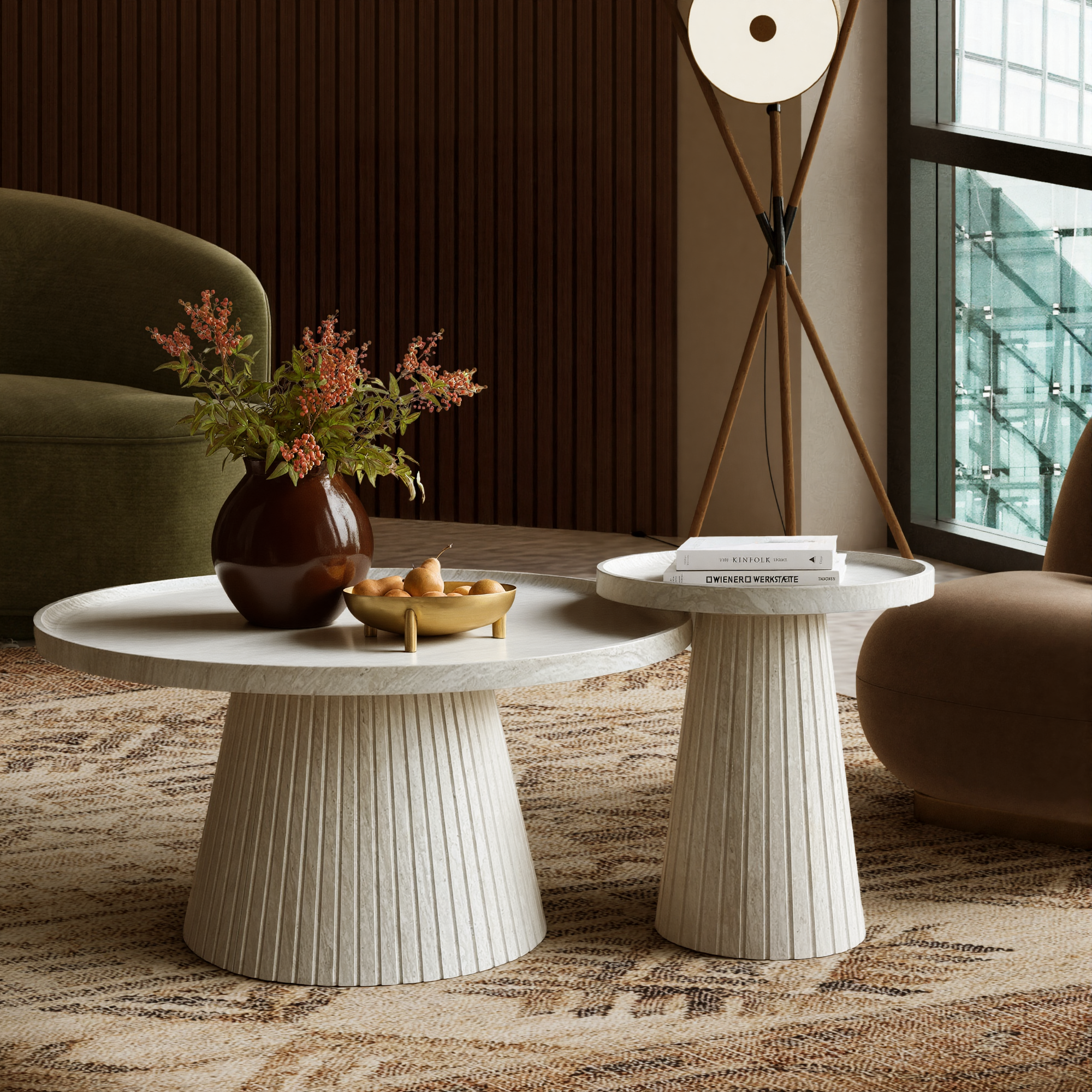 Nesting Coffee Table Set of 2 with Wood Grain Veneer, Stone