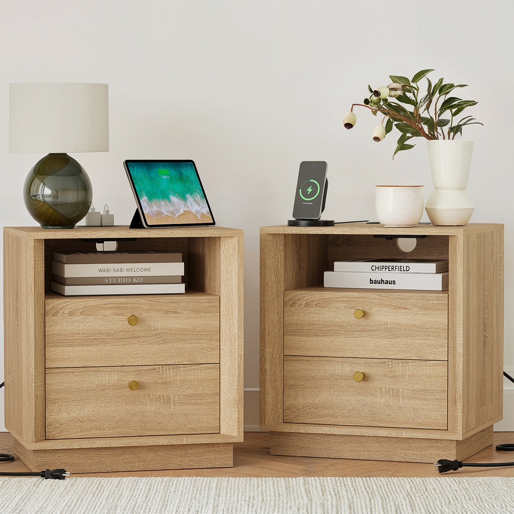 19.6" Nightstand with Charging Station, OAK