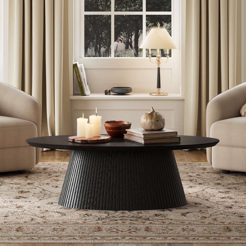 47.2" Oval Coffee Table with Faux Stone Veneer, Black