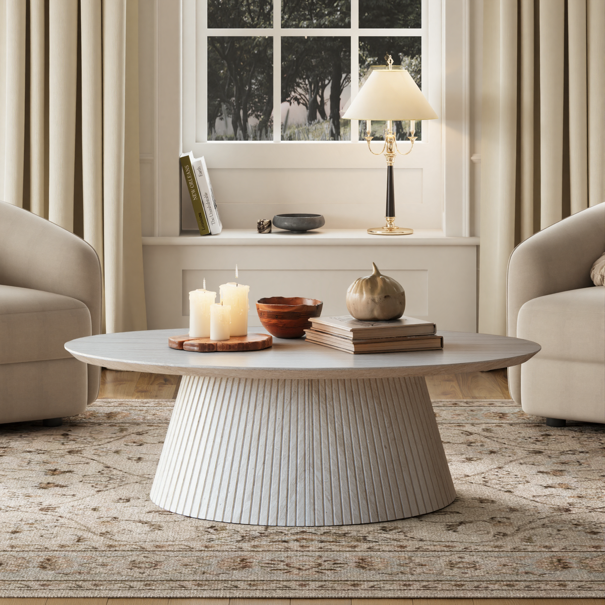 47.2" Oval Coffee Table with Faux Stone Veneer, Stone
