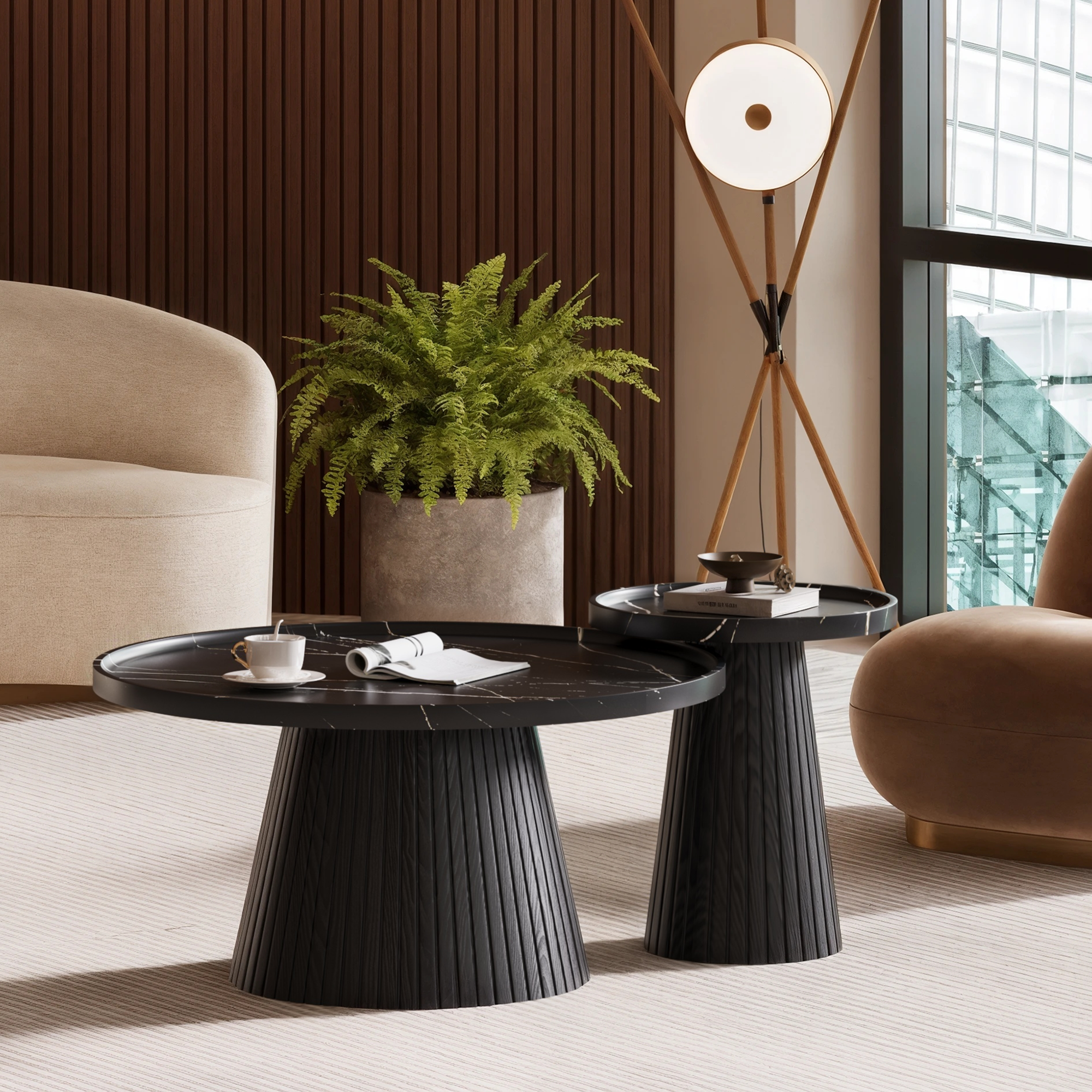 Nesting Coffee Table Set of 2 with Wood Grain Veneer, Black