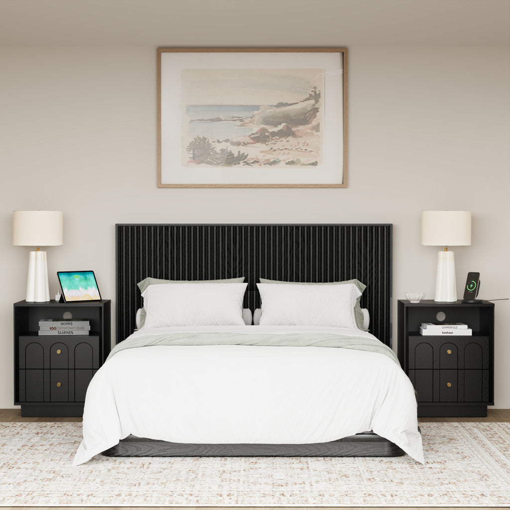17.7" Nightstand with Charging Station, Arched Design, Black