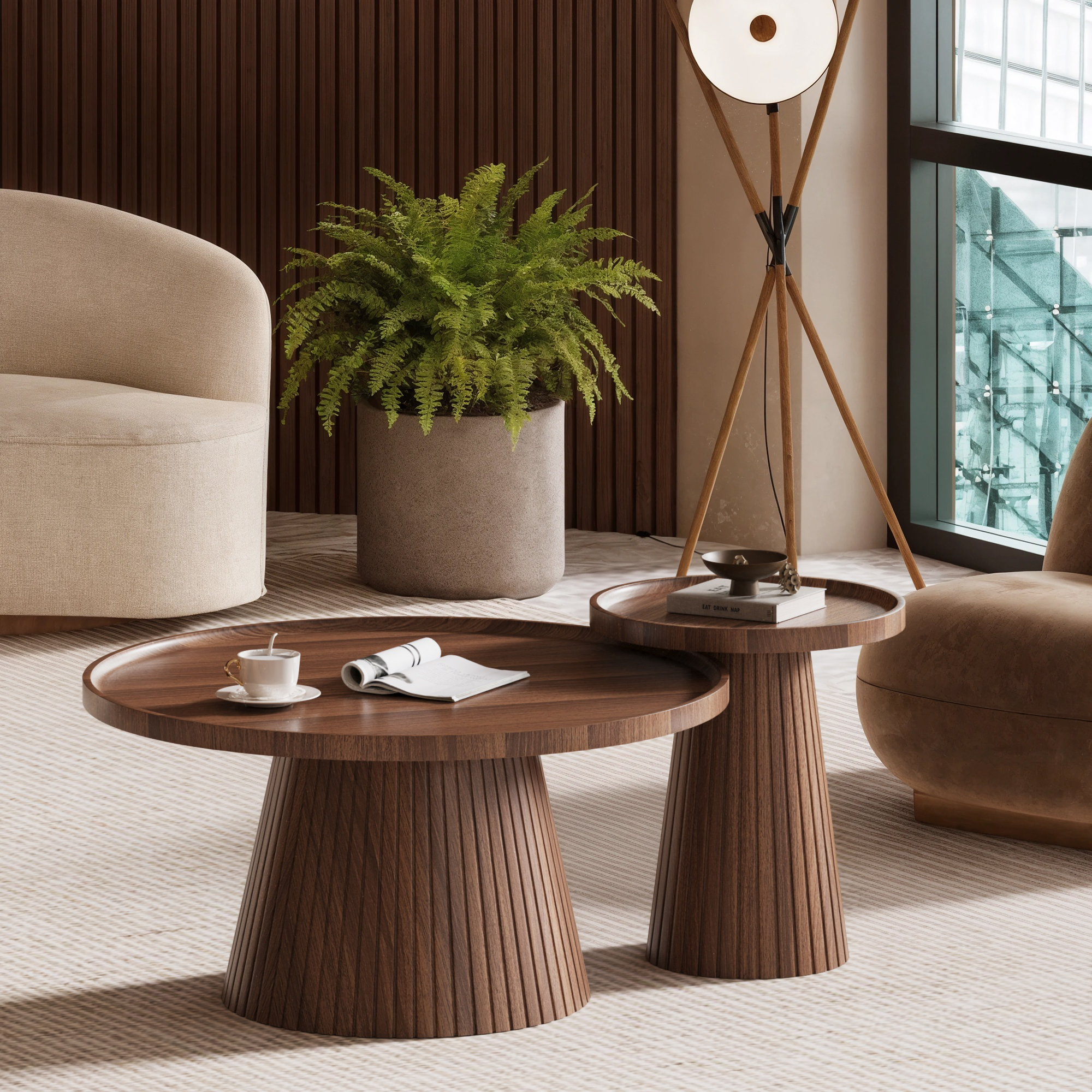 Nesting Coffee Table Set of 2 with Wood Grain Veneer, Walnut