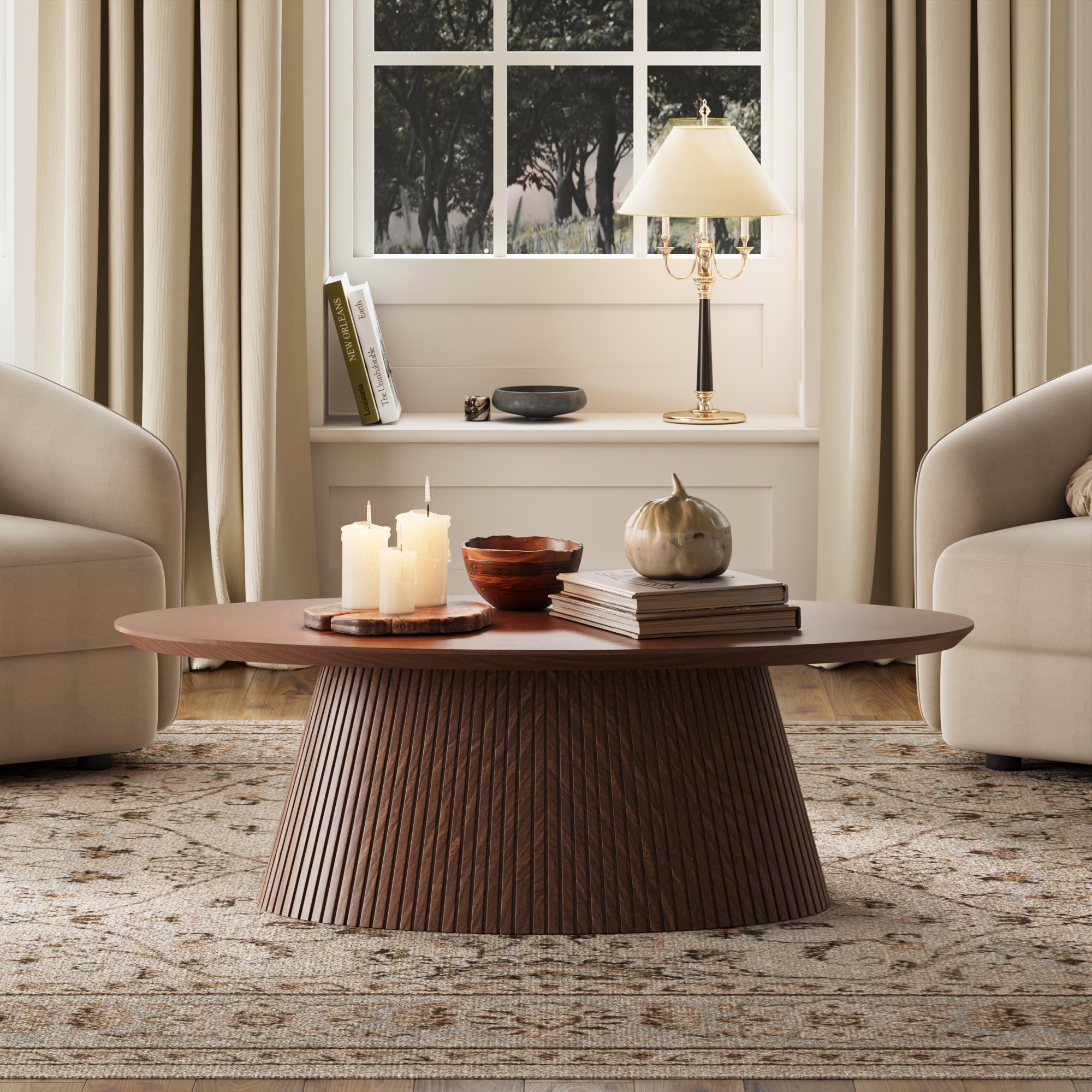 47.2" Oval Coffee Table with Faux Stone Veneer, Walnut