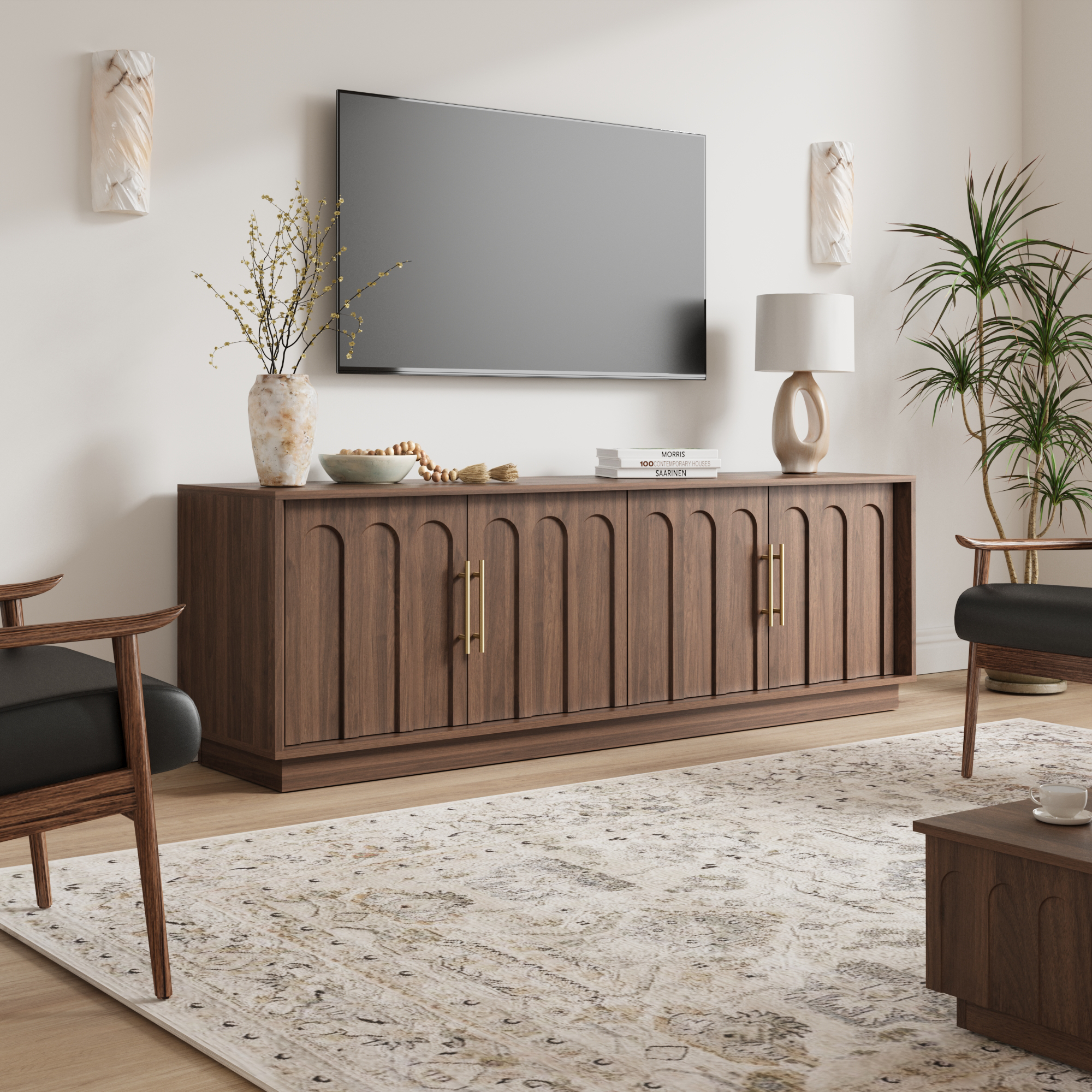 67" Modern TV Stand for 75 Inch TV Living Room, Walnut